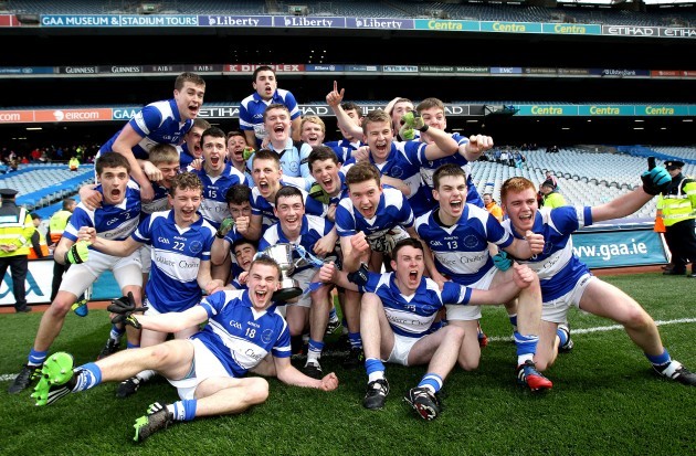 Colaiste Choilm Ballincollig players celebrate with the trophy