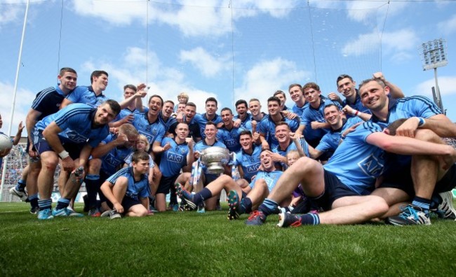 The Dublin team celebrate in front of Hill 16