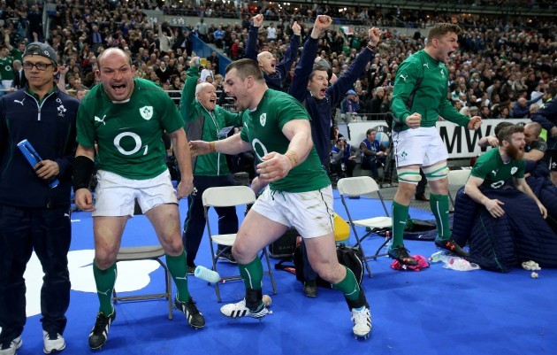 Rory Best and Cian Healy celebrate