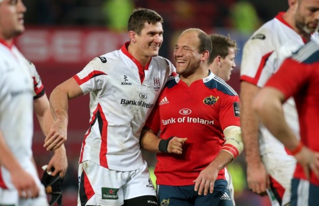 BJ Botha and Robbie Diack share a joke after the game