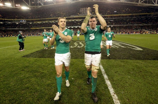 Tommy Bowe and Peter O'Mahony celebrate after the game