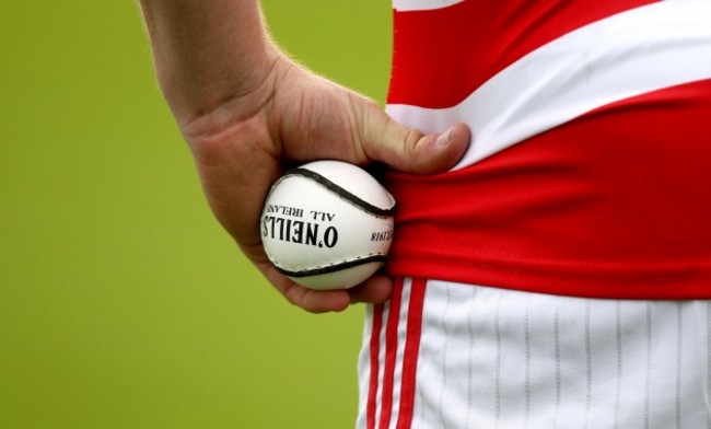 General view of a sliotar and Cork hurling