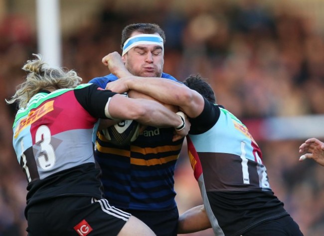 Rhys Ruddock is tackled by Matt Hopper and George Lowe