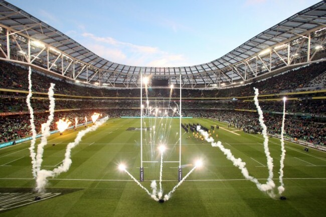 General view of the Ireland team coming out as fireworks go off