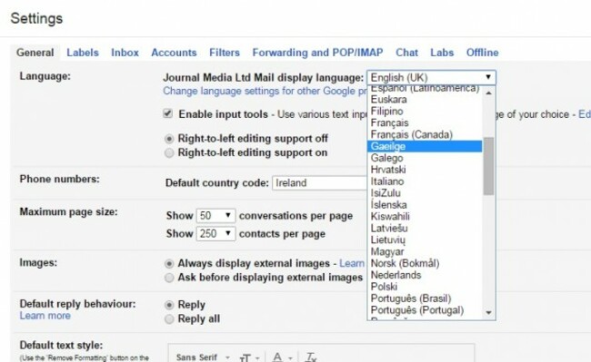 Gmail settings language