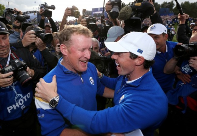 Jamie Donaldson and Rory McIlroy celebrate