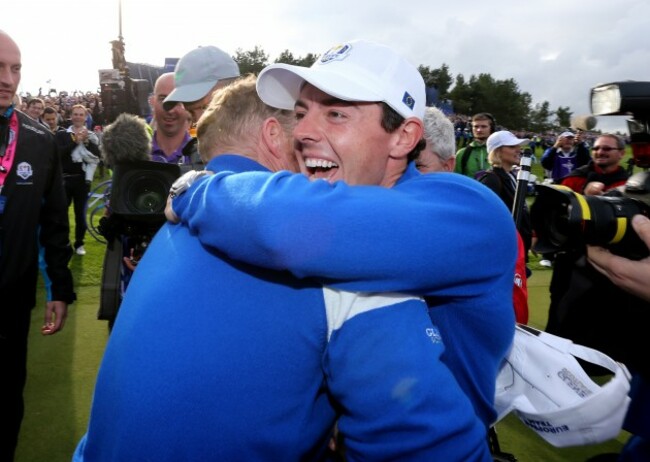 Jamie Donaldson and Rory McIlroy celebrate