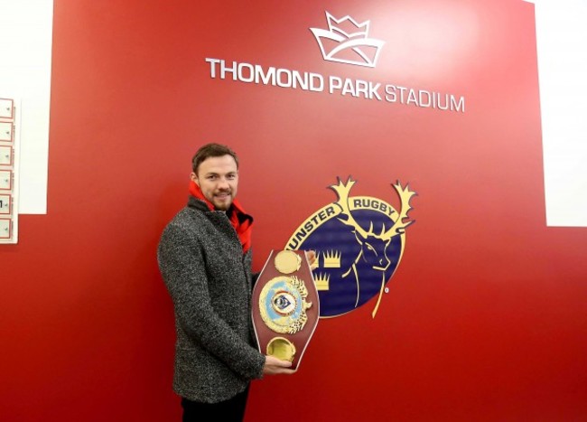 Andy Lee shows his belt off to the Munster fans at Halftime