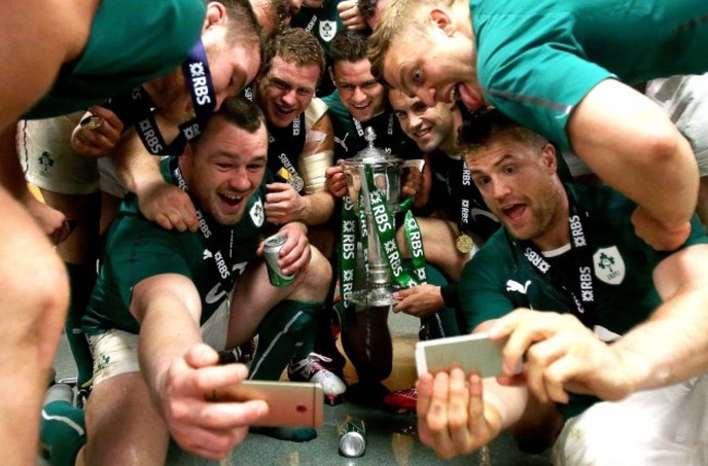 The Ireland celebrate winning the RBS 6 Nations Championship in the dressing room