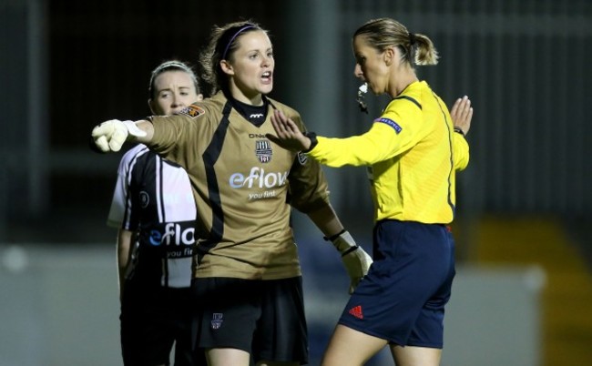 Niamh Reid Burke argues with Referee Eleni Lampardariou