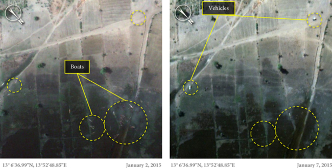 Boats on shore of Lake Chad - before and after