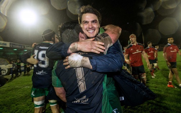Denis Buckley celebrates with Quinn Roux after the game