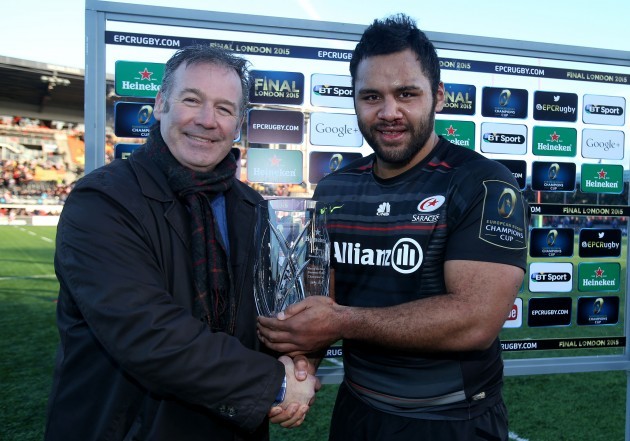 Billy Vunipola recieves the European Rugby Champions Cup man of the match award from Tim Galligan