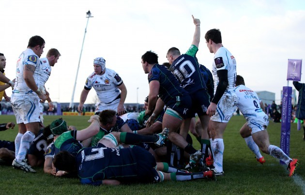 Connacht players celebrate as Willie Faloon goes over for a try