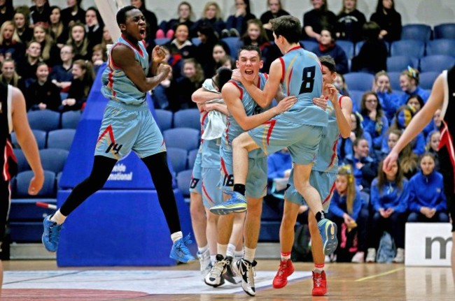 Colaiste Pobail Setanta players celebrate at the final buzzer