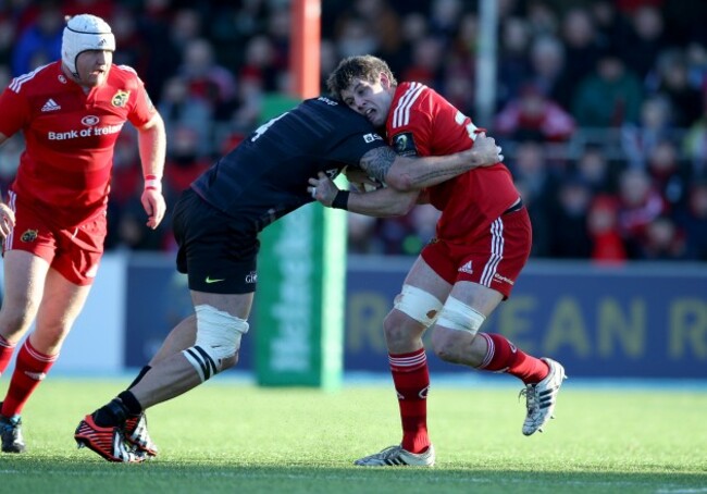 Dave O'Callaghan tackled by Jim Hamilton