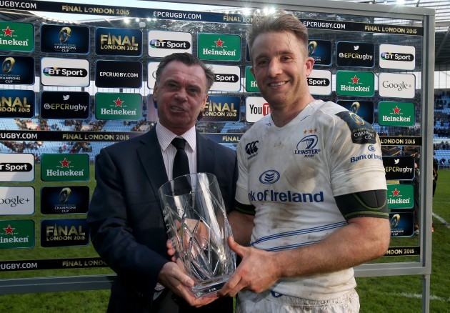 Luke Fitzgerald receives the European Rugby Champions Cup man of the match award from Billy McNeil