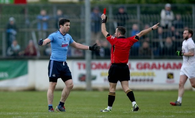 Michael Dara MacAuley is sent off by David Gough