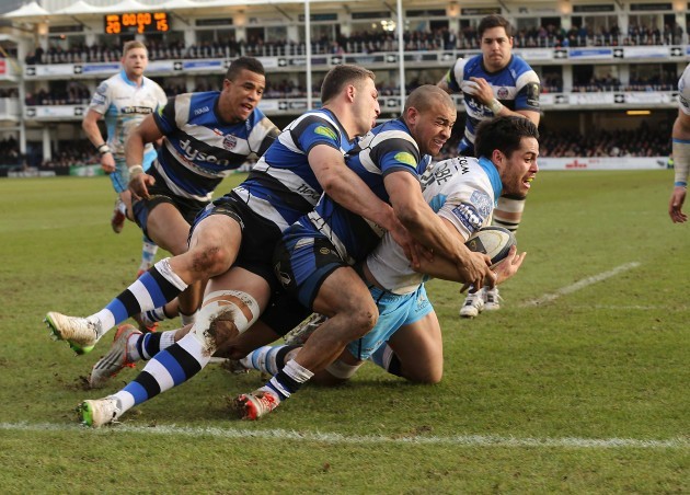 Sean Maitland is tackled just short of the line in the last minute by Sean Burgess and Jonathan Joseph