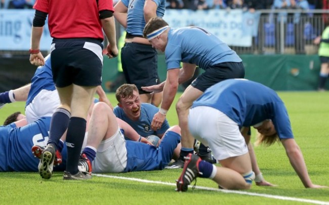 David Duggan celebrates scoring a late try