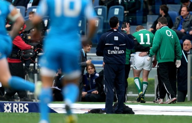 Keith Earls leaves the field injured