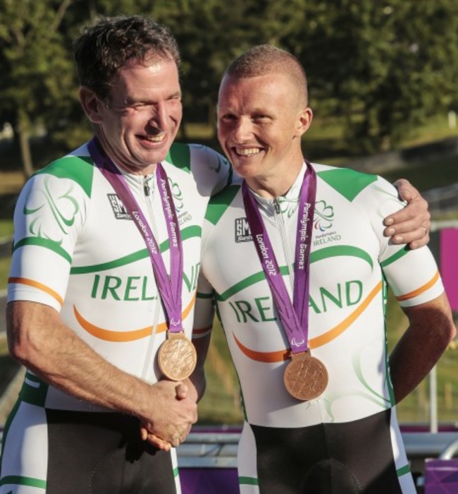 James Brown and Damien Shaw celebrate with their bronze medals