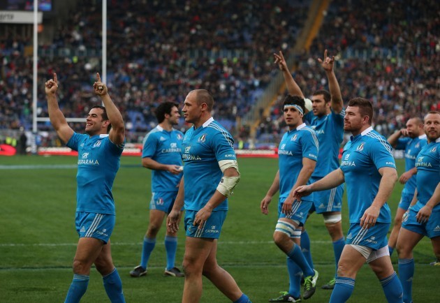 Italy team celebrate after the match Gonzalo Canale Sergio Parisse Paul edward Derbyshire and Michele Rizzo