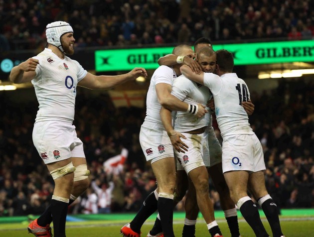 Jonathan Joseph celebrates scoring his side's second try with teammates