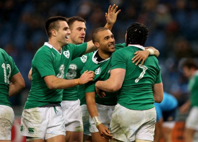 Tommy O'Donnell is congratulated on scoring their second try of the game