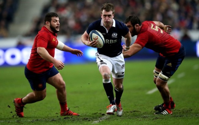 Rabah Slimani and Yoann Maestri tackle Stuart Hogg