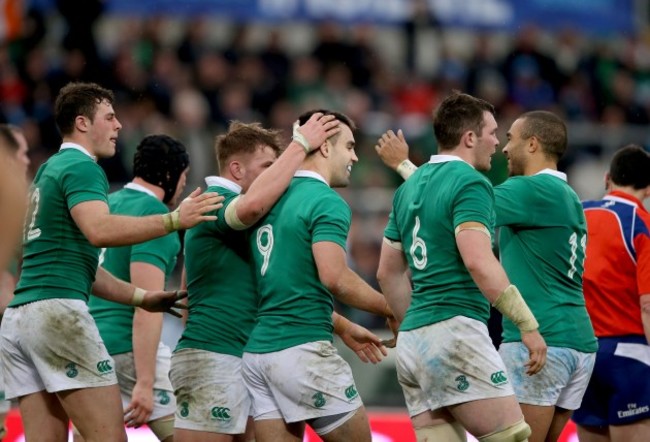 Conor Murray celebrates his try with teammates