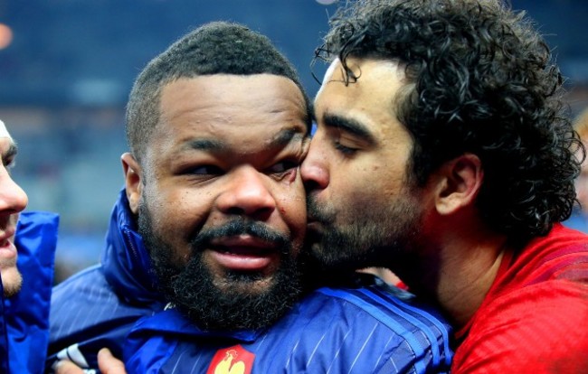 Yoann Huget celebrates with Mathieu Bastareaud