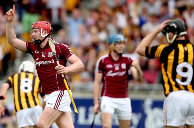 Joe Canning celebrates scoring a late penalty