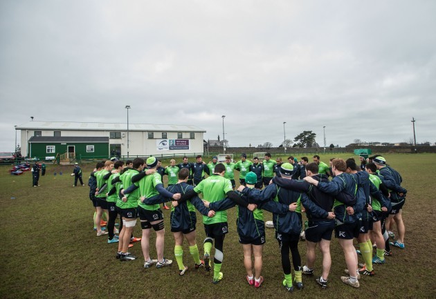 The Connacht team huddle before training