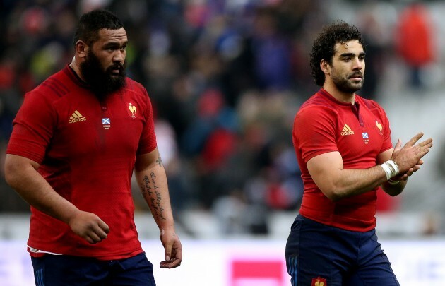 Uini Atonio and Yoann Huget celebrate after the game