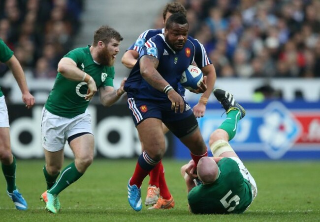 Mathieu Bastareaud is tackled by Gordon D&Otilde;Arcy and Paul O&Otilde;Connell
