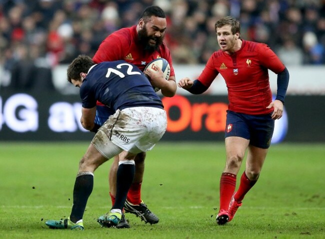 Alex Dunbar tackles Uini Atonio supported by Camille Lopez