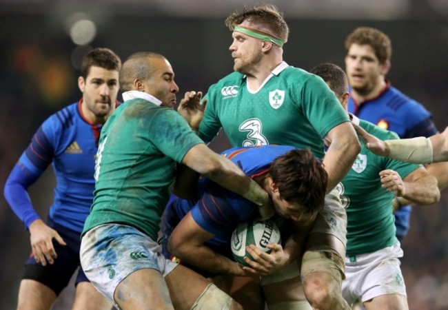 Simon Zebo and Jamie Heaslip with Rémi Lamerat