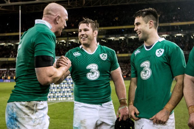 Paul O'Connell celebrates with Sean O'Brien and Conor Murray after the game