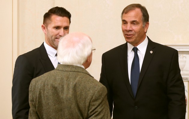 Michael D Higgins, LA Galaxy's Robbie Keane and manager Bruce Arena 18/2/2015