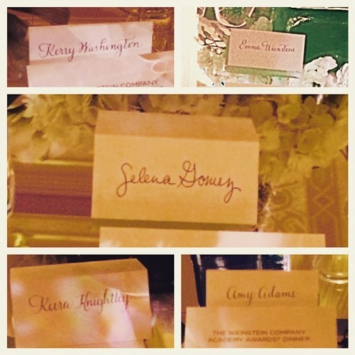 Just a few of the place cards at the pre-Oscars Weinstein party. #KerryWashington #SelenaGomez #KeiraKnightley #AmyAdams