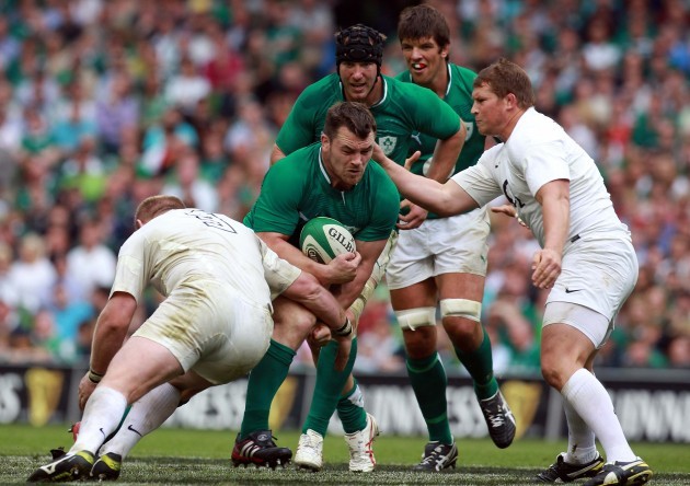Cian Healy tackled by Dan Cole
