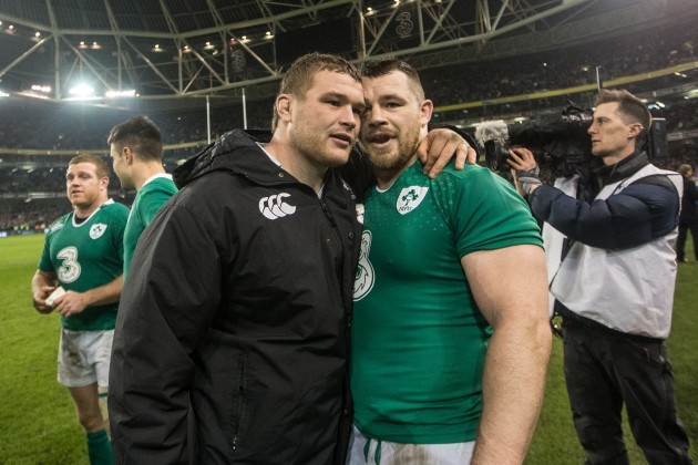 Jack McGrath and Cian Healy celebrate after the game