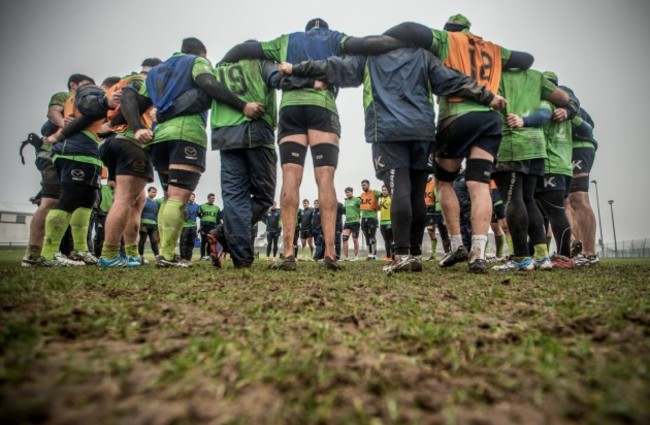 The Connacht team huddle after training