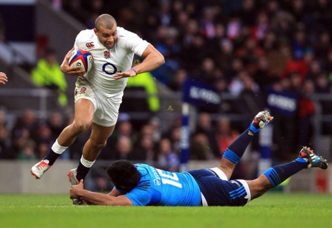 Jonathan Joseph beats Kelly Haimona and races through to score a try