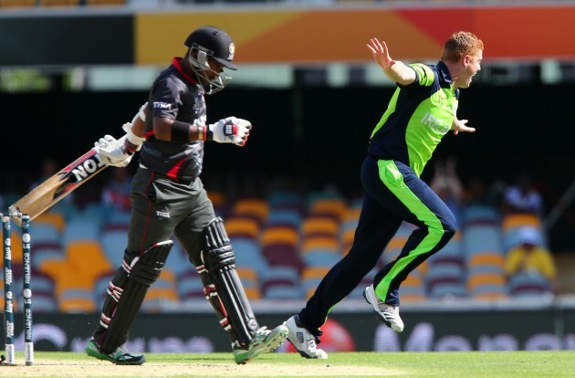 Kevin O'Brien celebrates after getting the wicket of Swapnil Patil