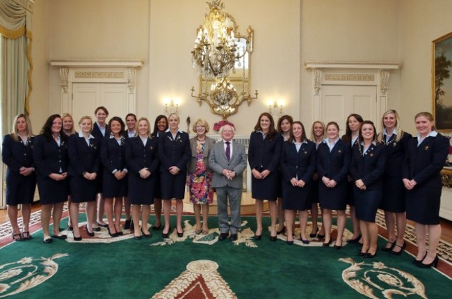 Sabina Higgins and President Michael D. Higgins with the Irish WomenÕs Rugby Grand Slam winning team 16/9/2013