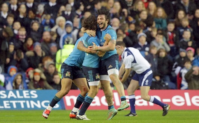 Enrico Bacchin, Tommaso Allan and Michele Visentin celebrate a late try