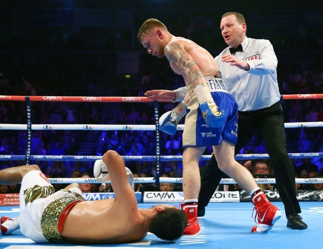 Carl Frampton knocks down Chris Avalos in the fifth round to win