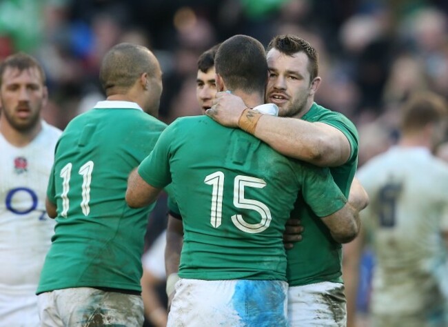 Rob Kearney and Cian Healy celebrate